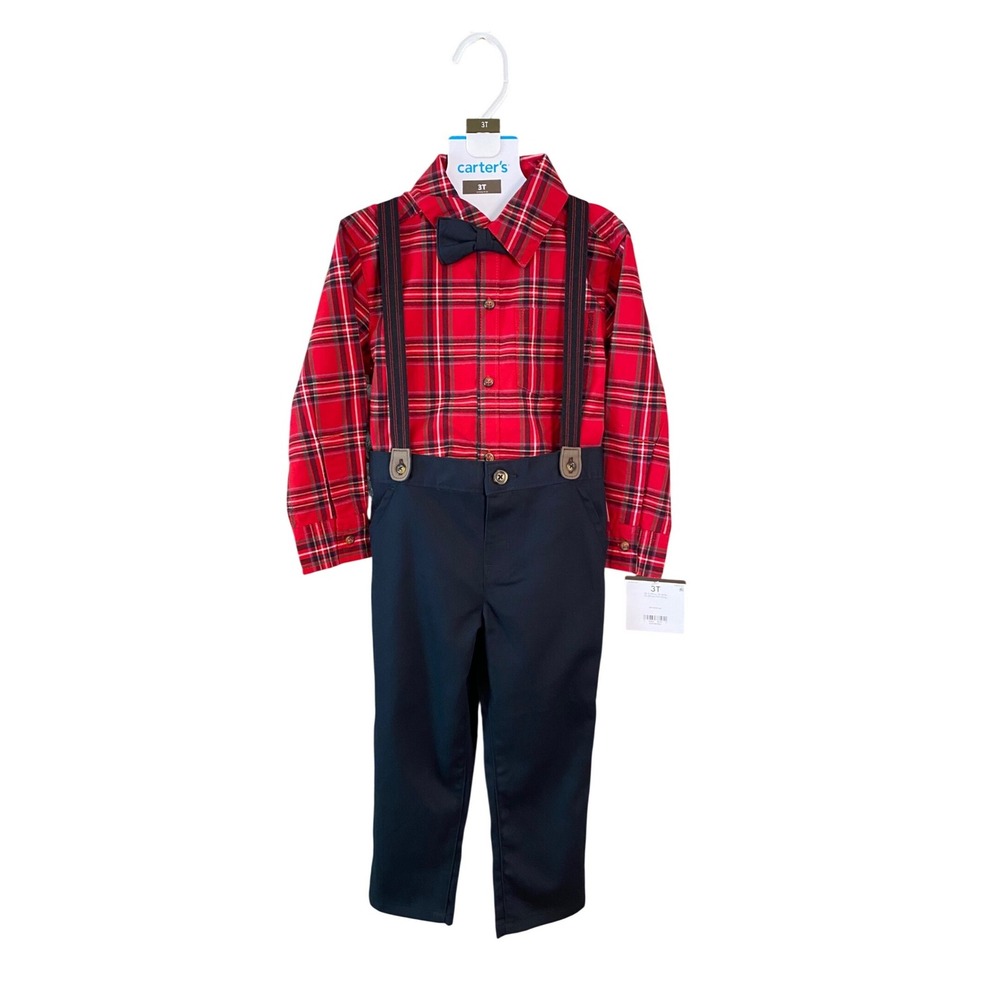 Carters Toddler Boy 4-Piece Plaid Suit Set Red Navy Suspenders Bow Tie 3T NEW